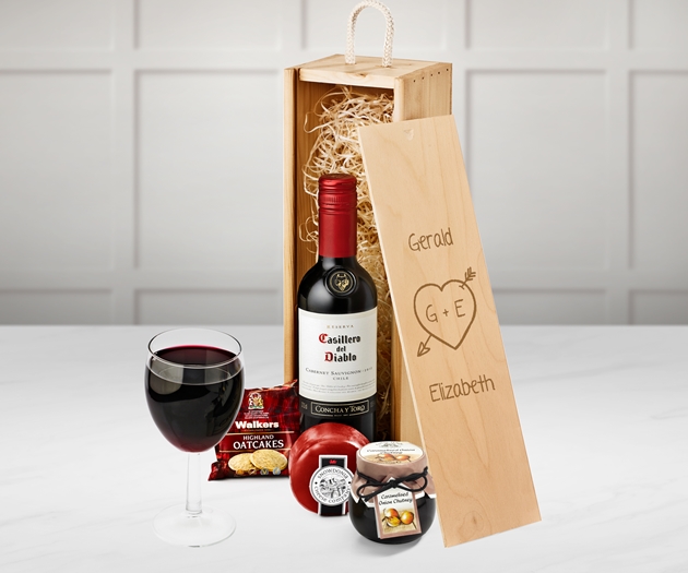Valentine's Day Wine & Cheese Gift Set With Engraved Personalised Lid
